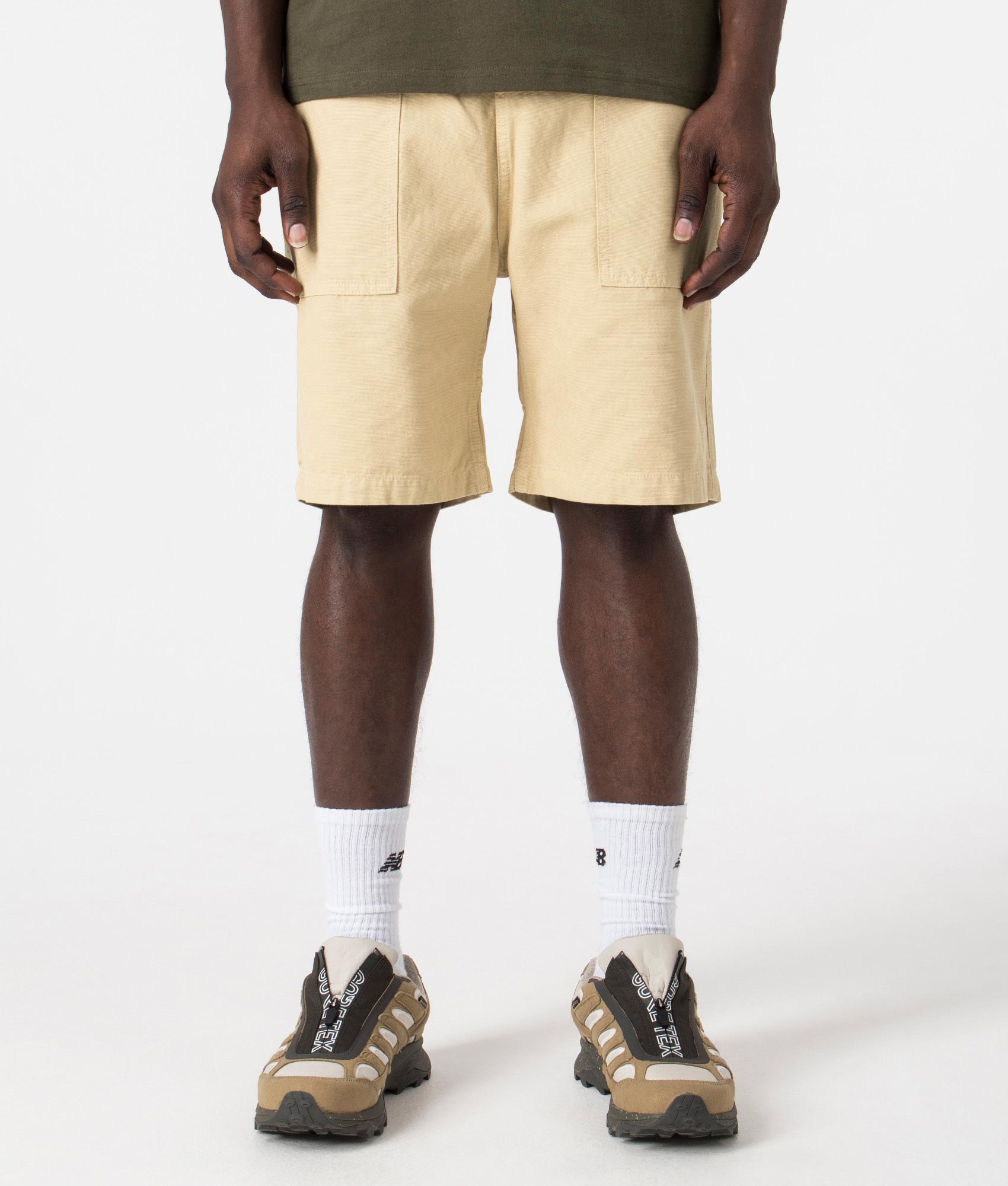 Service Works Canvas Chef Shorts in Khaki. Shot at EQVVS. Front shot. 