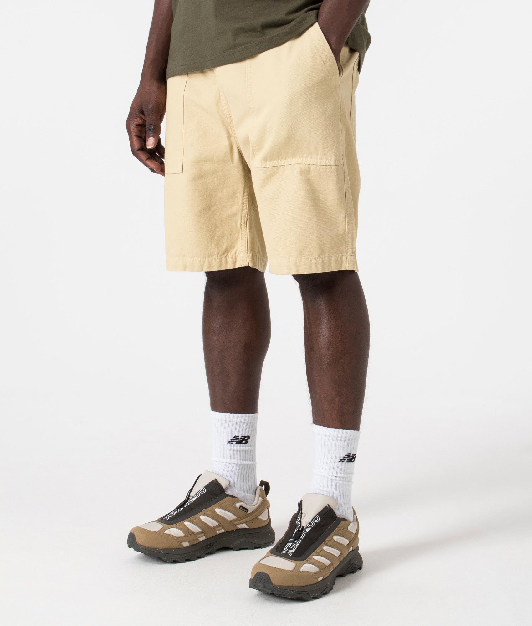Service Works Canvas Chef Shorts in Khaki. Shot at EQVVS.  Angle Shot. 