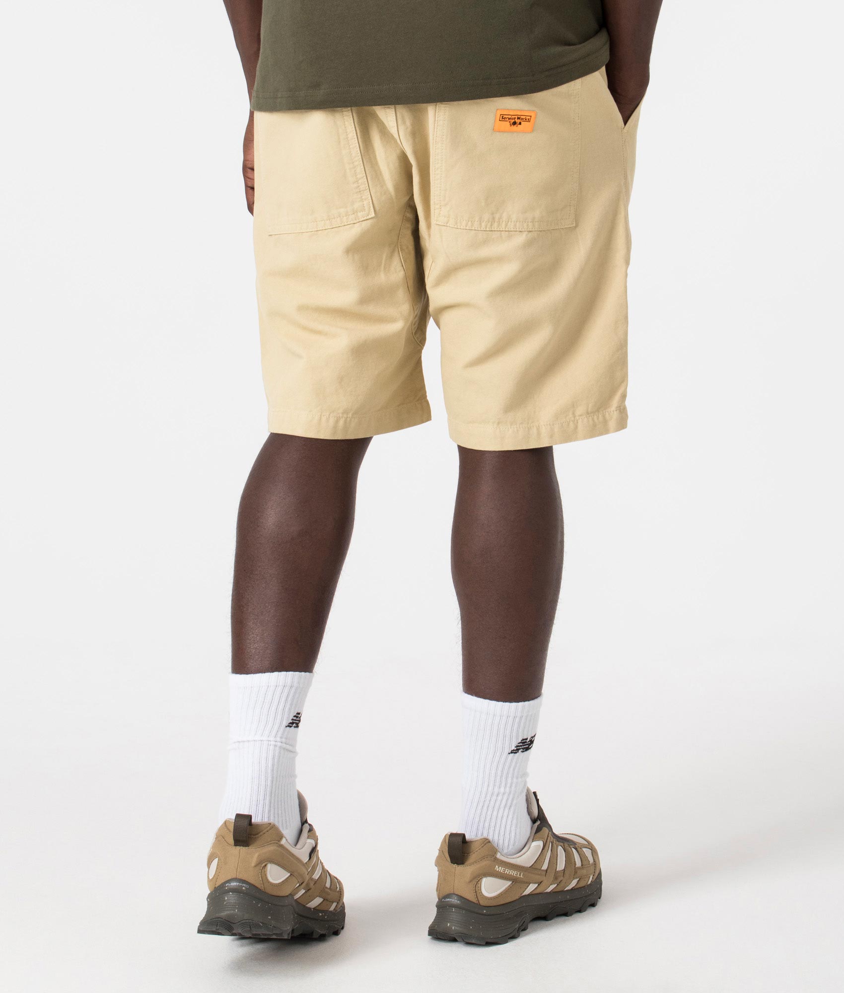 Service Works Canvas Chef Shorts in Khaki. Shot at EQVVS.  Back Shot. 