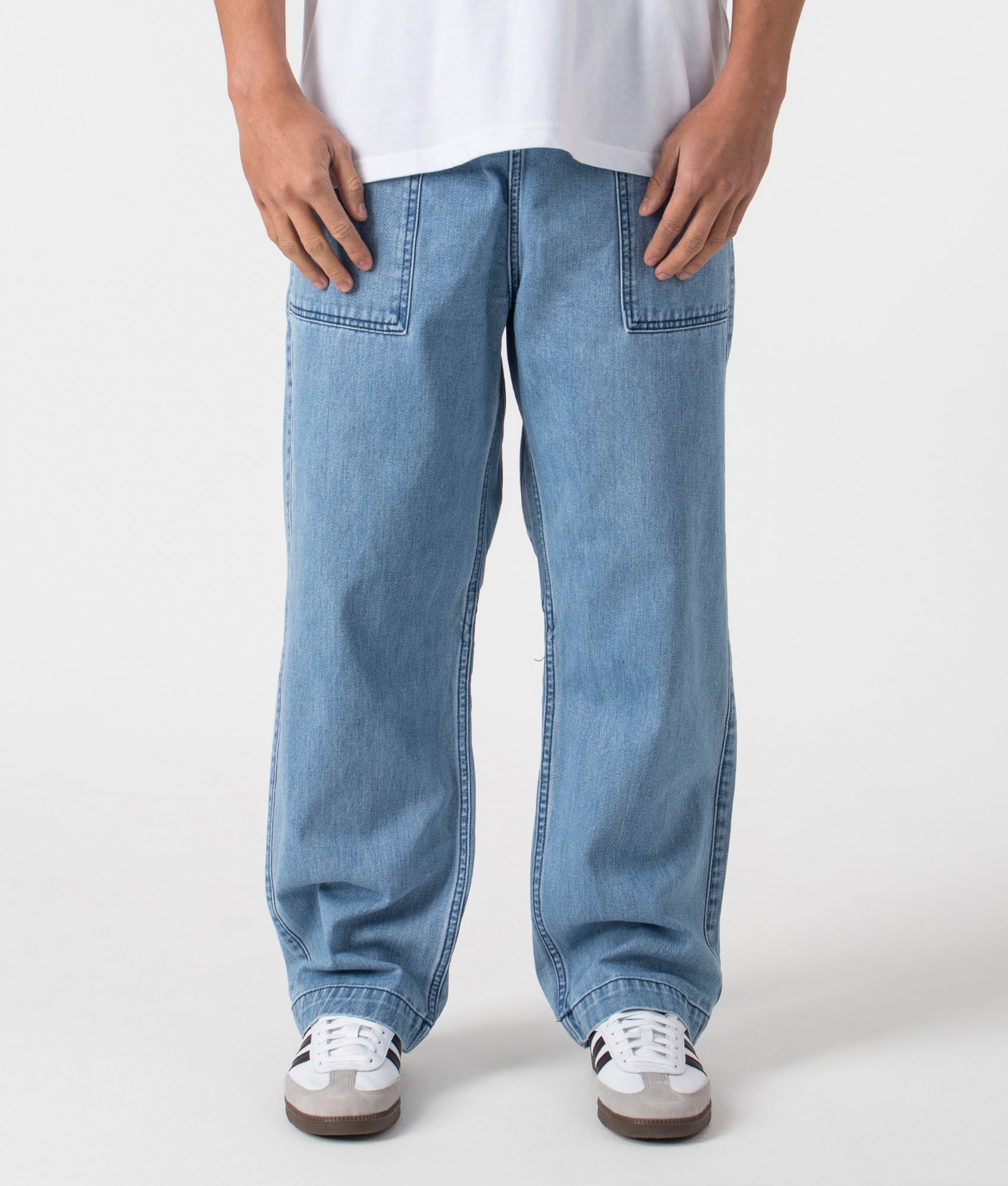 Service Works Denim Chef Pants in Light Washed Denim, 100% Cotton at EQVVS. Front Shot. 