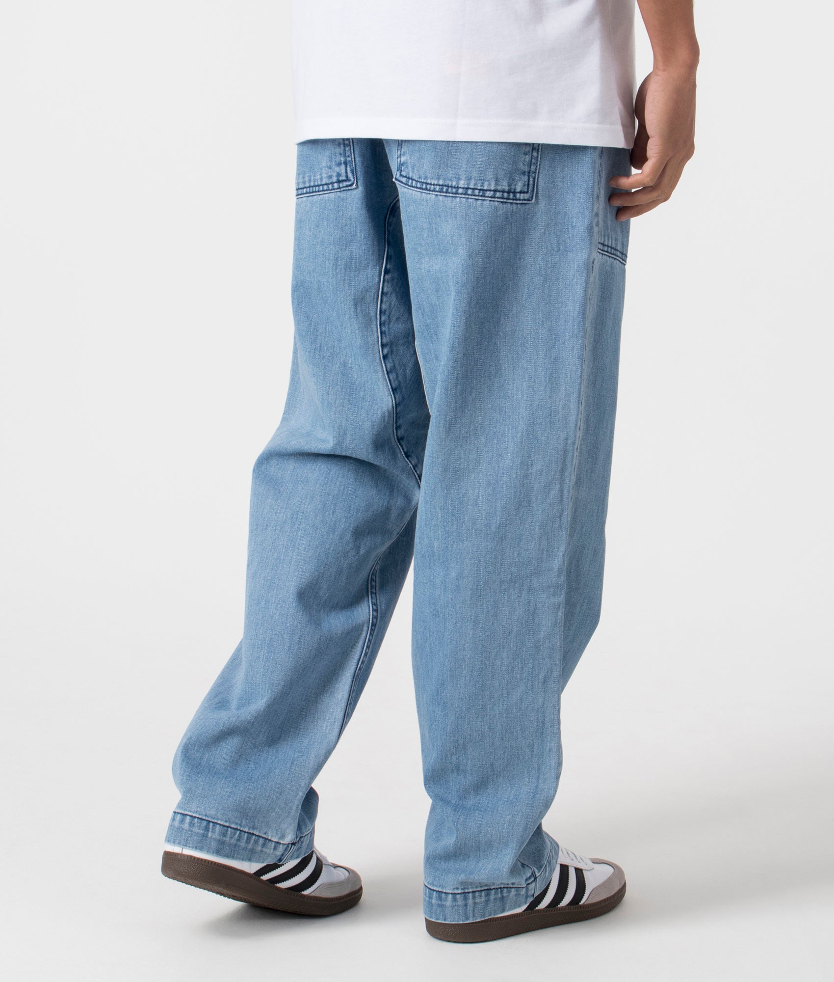 Service Works Denim Chef Pants in Light Washed Denim, 100% Cotton at EQVVS. Back Shot. 