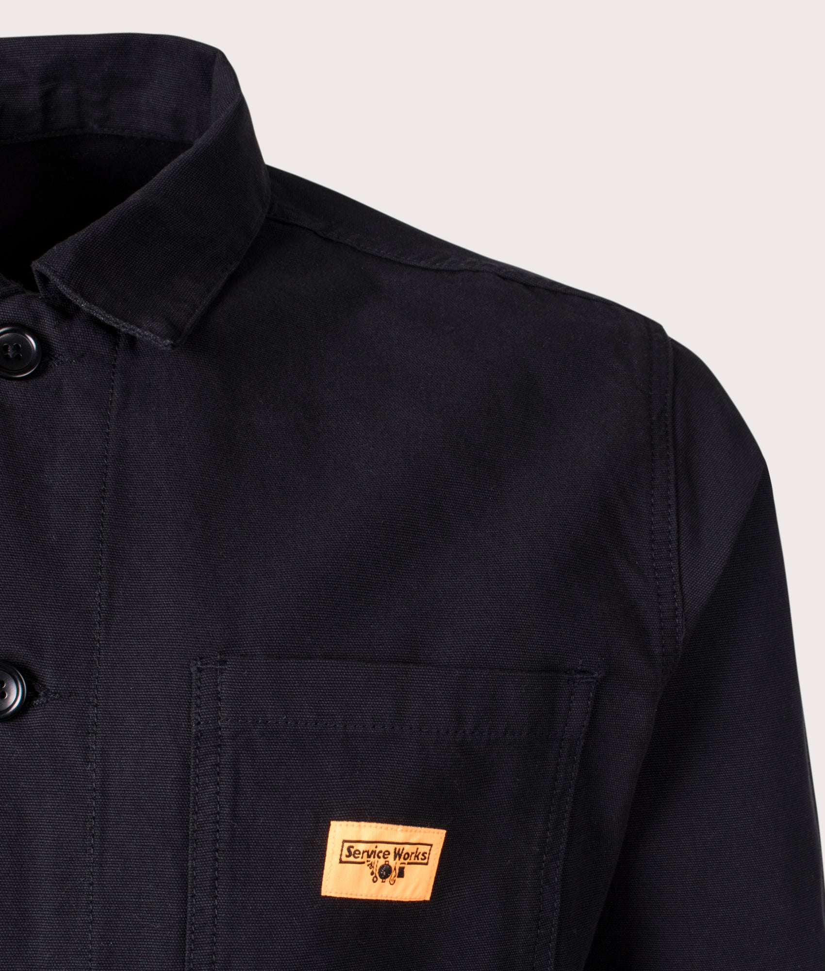 Service Works Canvas Coverall Jacket in Black Organic Cotton at EQVVS Menswear Detail Shot