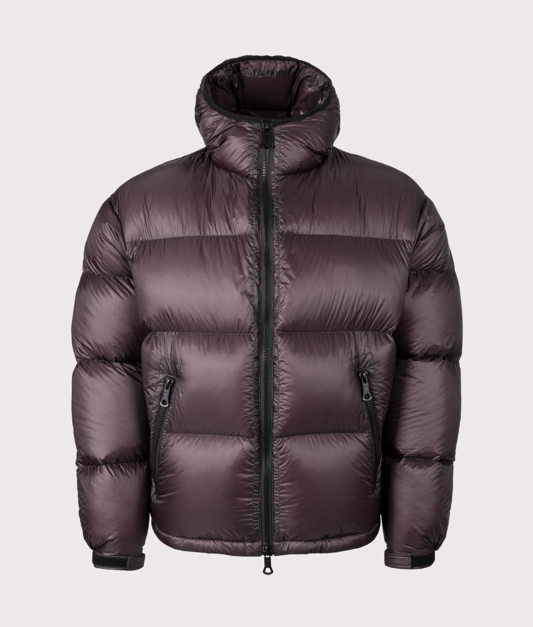 MKI MIYUKI ZOKU Translucent Hooded Bubble Jacket in Raisin at EQVVS Menswear. Front shot.