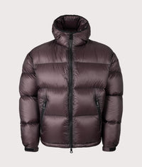 Translucent Hooded Bubble Jacket: Raisin 