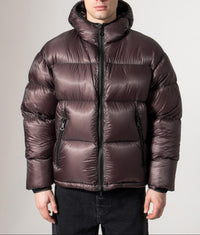 Translucent Hooded Bubble Jacket: Raisin 