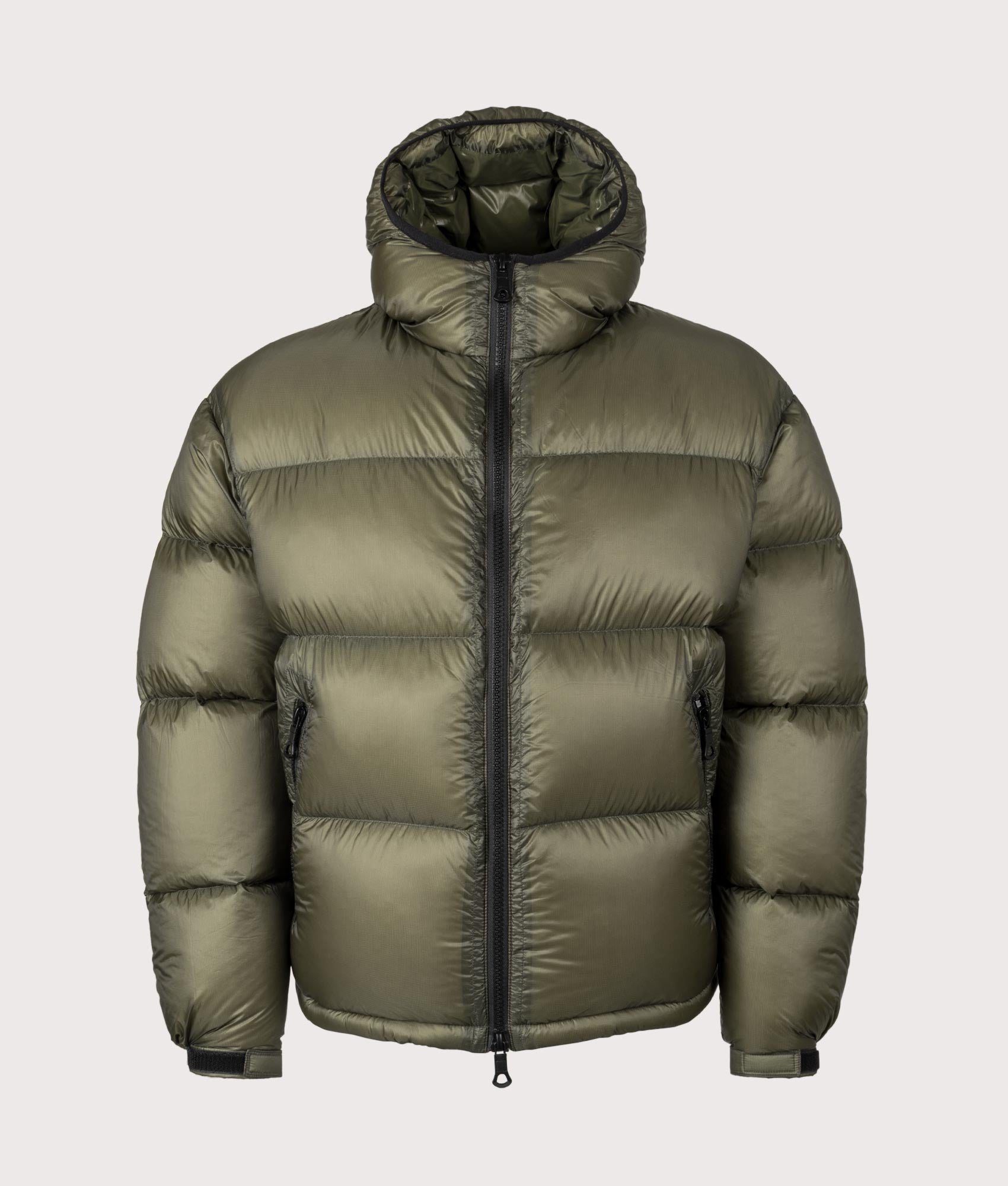 MKI MIYUKI ZOKU Translucent Bubble Jacket in Olive at EQVVS Menswear. Front shot.