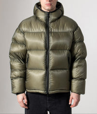 Translucent Hooded Bubble Jacket: Olive 