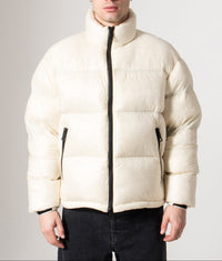 Translucent Funnel Neck Bubble Jacket: Off White 