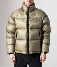 Translucent Funnel Neck Bubble Jacket: Sage 