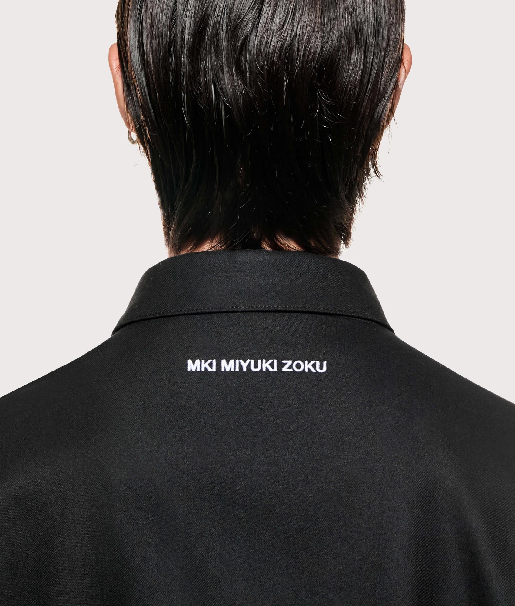 MKI MIYUKI ZOKU Suiting Rider Jacket in Black at EQVVS Menswear. Detail shot.