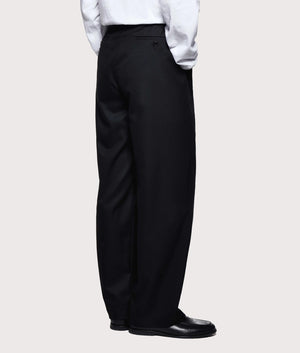 MKI MIYUKI ZOKU V2 Wide Leg Suit Pants in black at EQVVS Menswear. Angled back shot.
