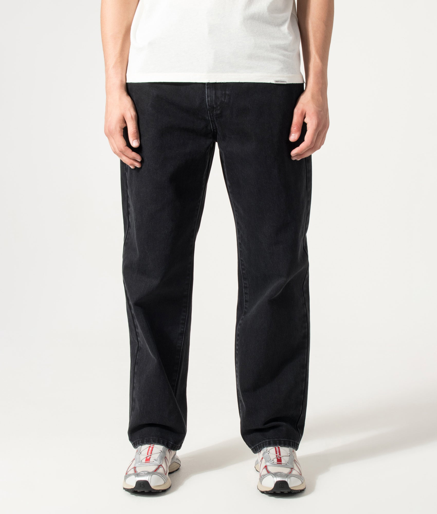 MKI MIYUKI ZOKU Denim Classic Jeans in Black Wash at EQVVS Menswear. Model front shot.