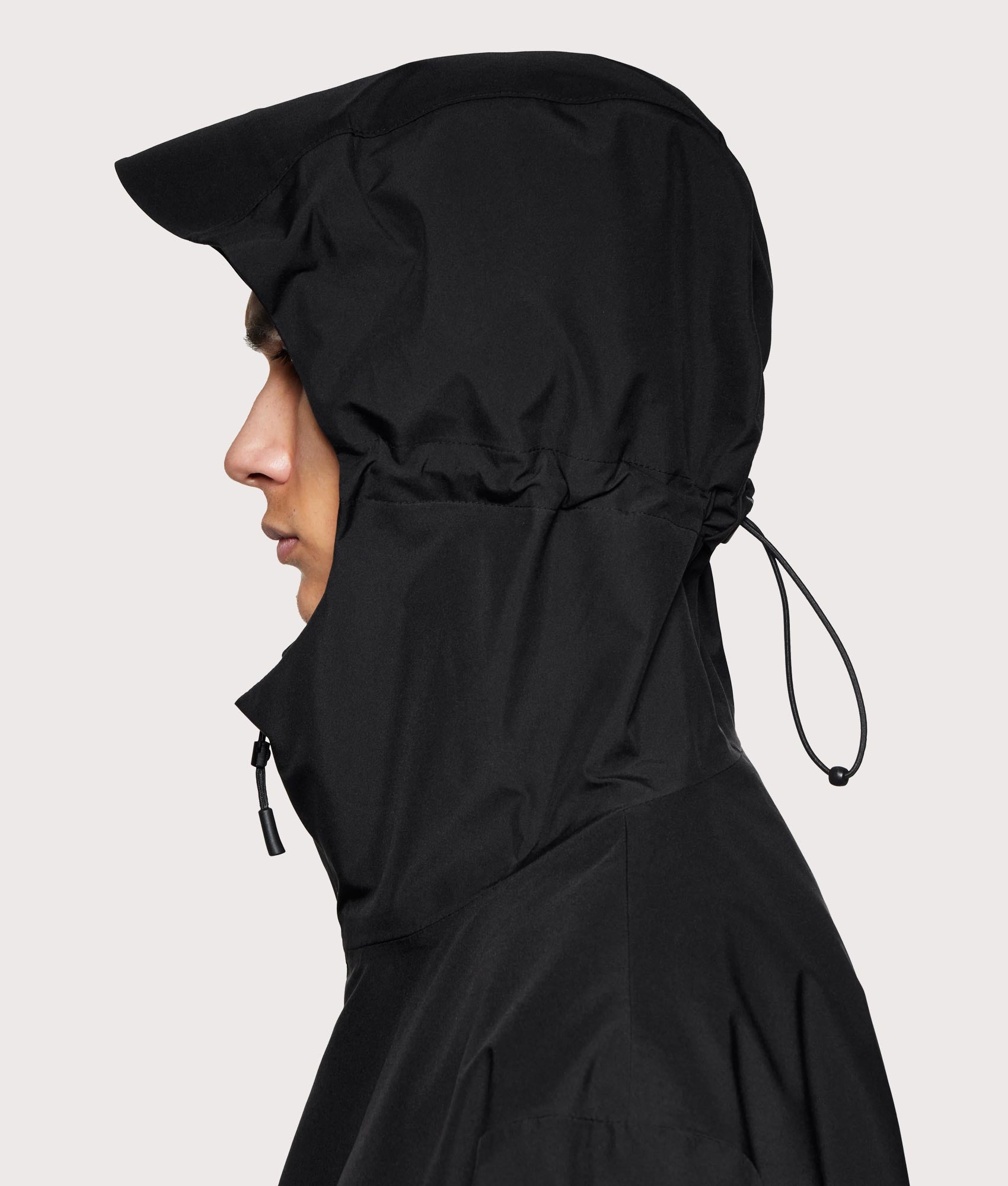 MKI MIYUKI ZOKU V3 Shell Hooded Jacket in Black at EQVVS Menswear. Detail shot.