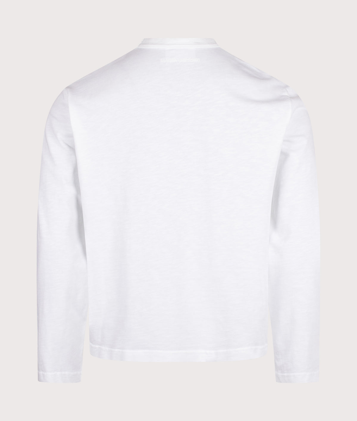 MKI MIYUKI ZOKU Relaxed Fit 220 GSM Slub Long Sleeve T-Shirt in White at EQVVS Menswear. Back shot.