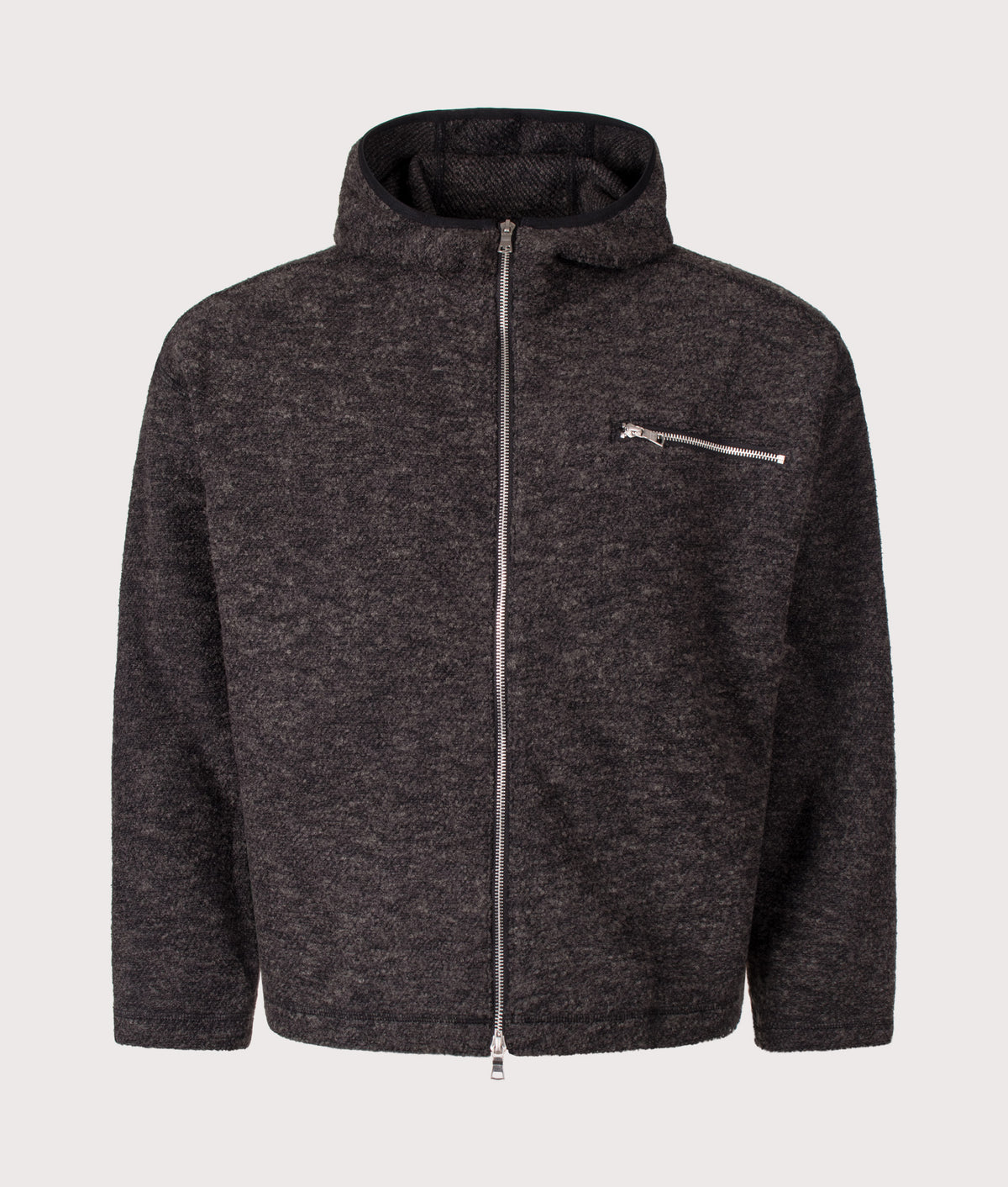 MKI MIYUKI ZOKU Relaxed Box Fit Boucle Zip Through Hoodie in Charcoal Melange at EQVVS Menswear. Front shot.
