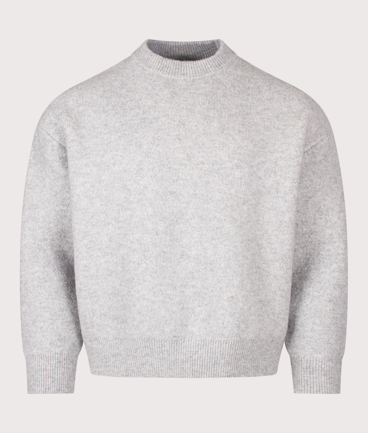 MKI MIYUKI ZOKU Relaxed Box Fit Double Knit Crewneck Jumper in Ash at EQVVS Menswear. Front shot.