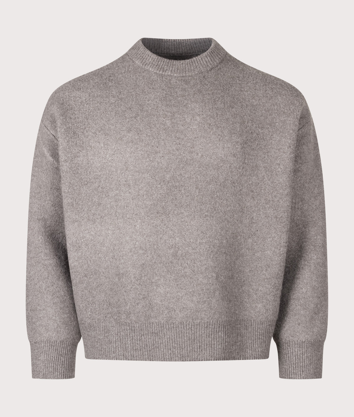 MKI MIYUKI ZOKU Relaxed Box Fit Double Knit Crewneck Jumper in Brown at EQVVS Menswear. Front shot.