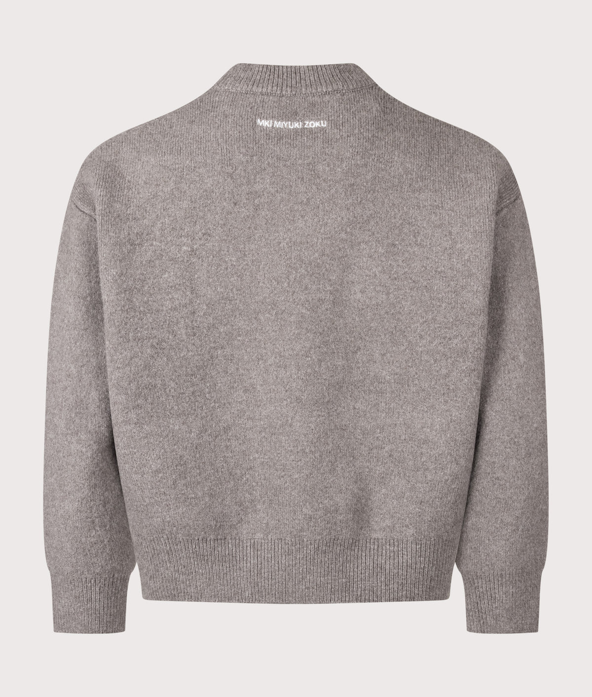 MKI MIYUKI ZOKU Relaxed Box Fit Double Knit Crewneck Jumper in Brown at EQVVS Menswear. Back shot.