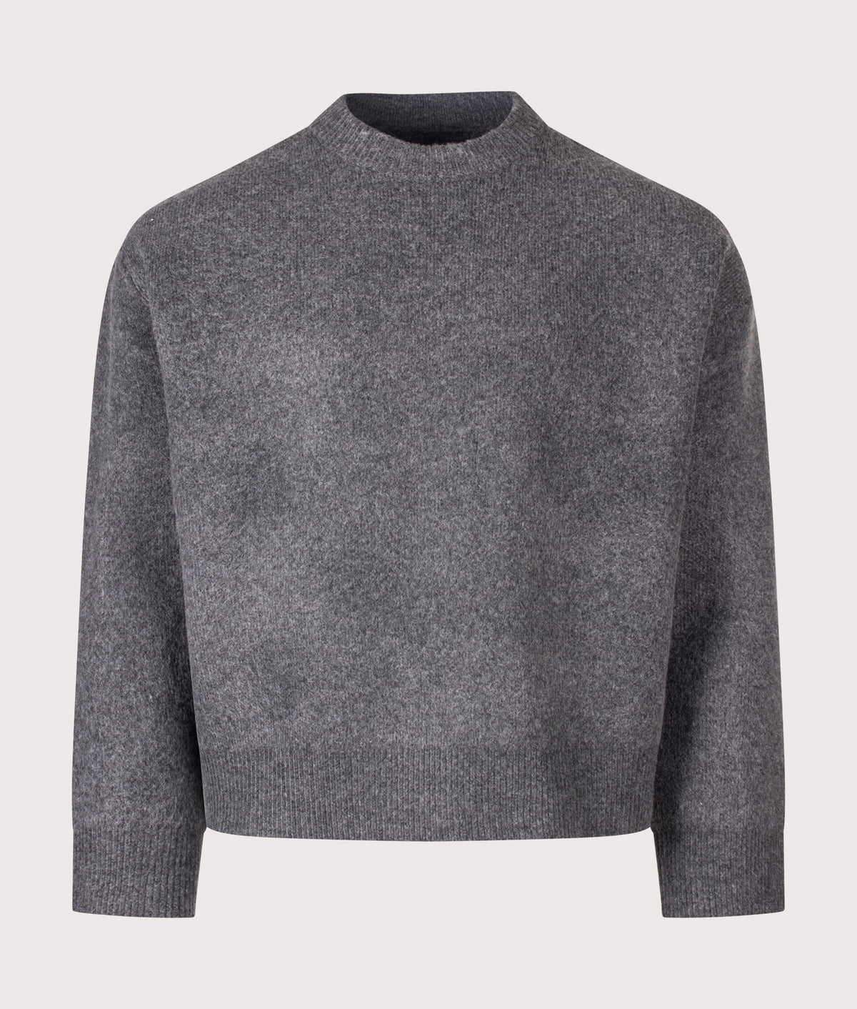 MKI MIYUKI ZOKU Relaxed Box Fit Double Knit Crewneck Jumper in Charcoal at EQVVS Menswear. Front shot.