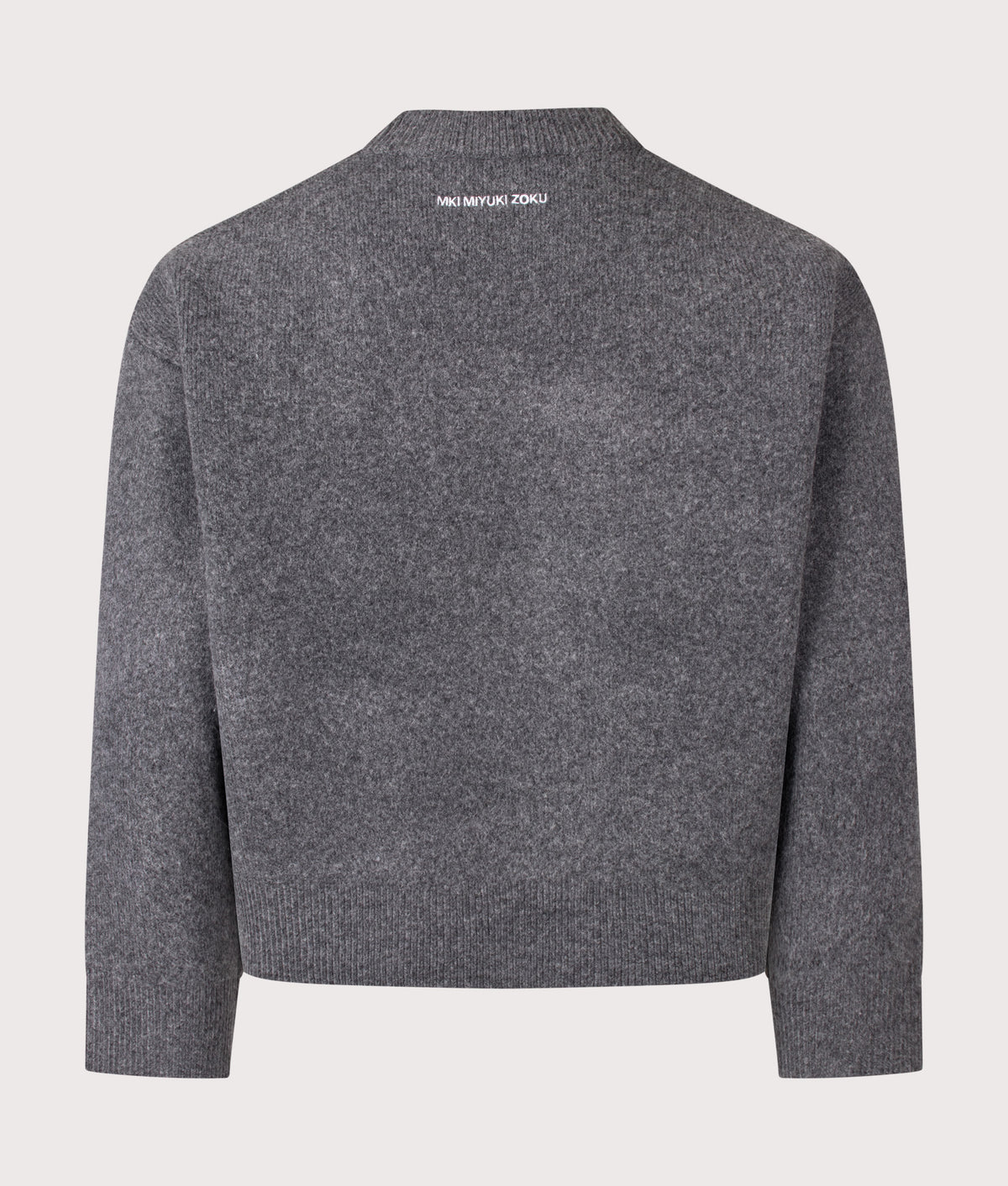 MKI MIYUKI ZOKU Relaxed Box Fit Double Knit Crewneck Jumper in Charcoal at EQVVS Menswear. Back shot.