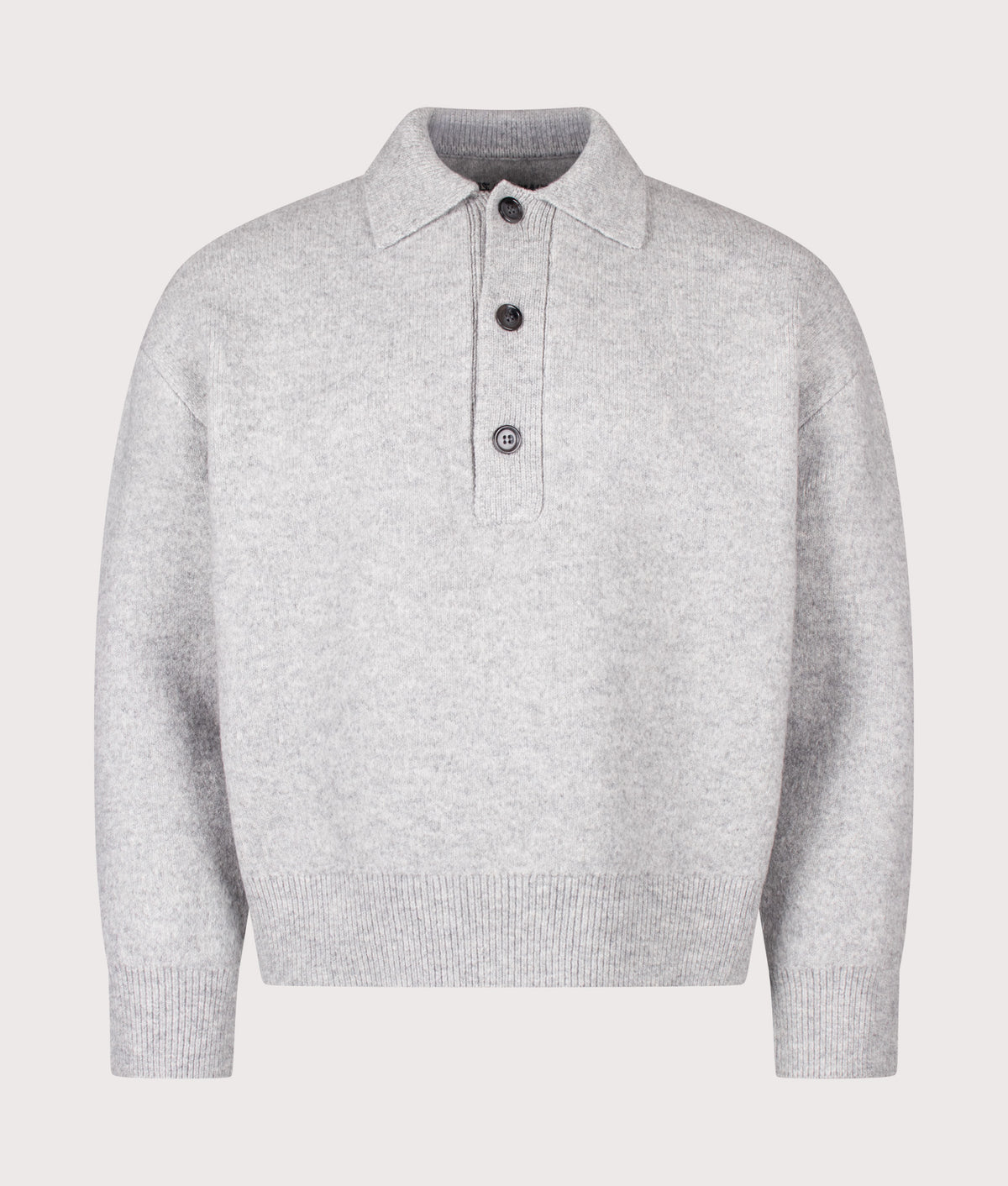 MKI MIYUKI ZOKU Relaxed Box Fit Double Knit Rugby Crewneck Jumper in Ash at EQVVS Menswear. Front shot.