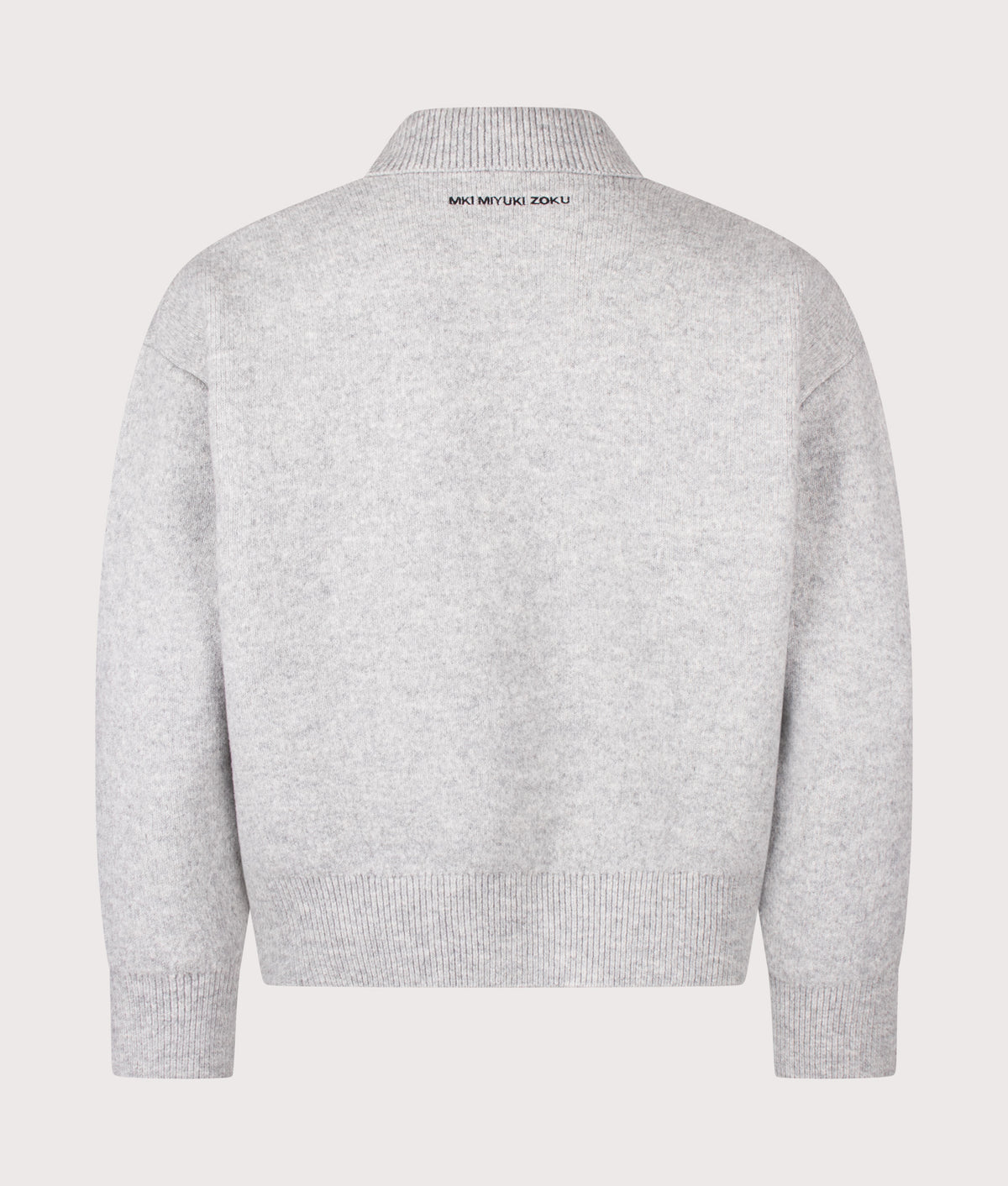 MKI MIYUKI ZOKU Relaxed Box Fit Double Knit Rugby Crewneck Jumper in Ash at EQVVS Menswear. Back shot.
