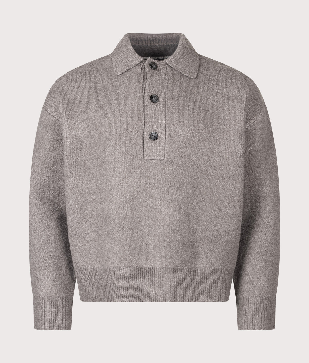 MKI MIYUKI ZOKU Relaxed Box Fit Double Knit Rugby in Brown at EQVVS Menswear. Front shot.