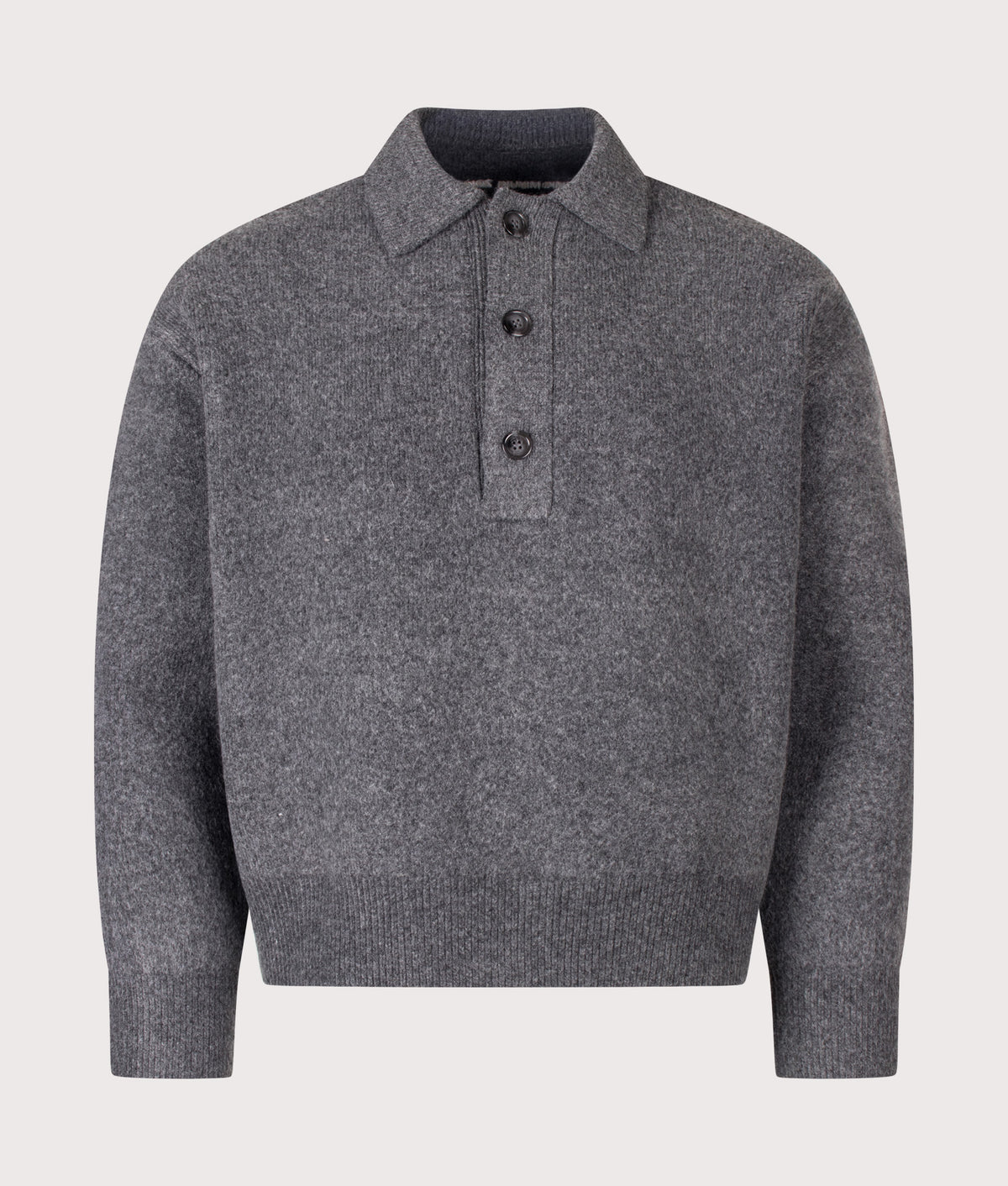 MKI MIYUKI ZOKU Relaxed Box Fit Double Knit Rugby in Charcoal at EQVVS Menswear. Front shot.