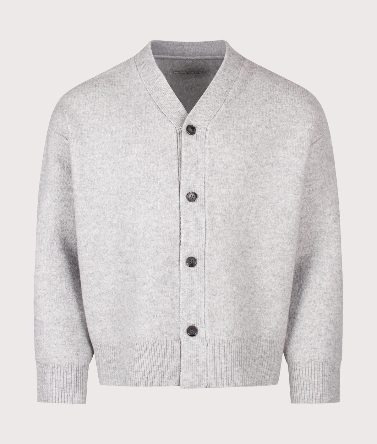 MKI MIYUKI ZOKU Relaxed Box Fit Double Knit Cardigan in Ash at EQVVS Menswear. Front shot.