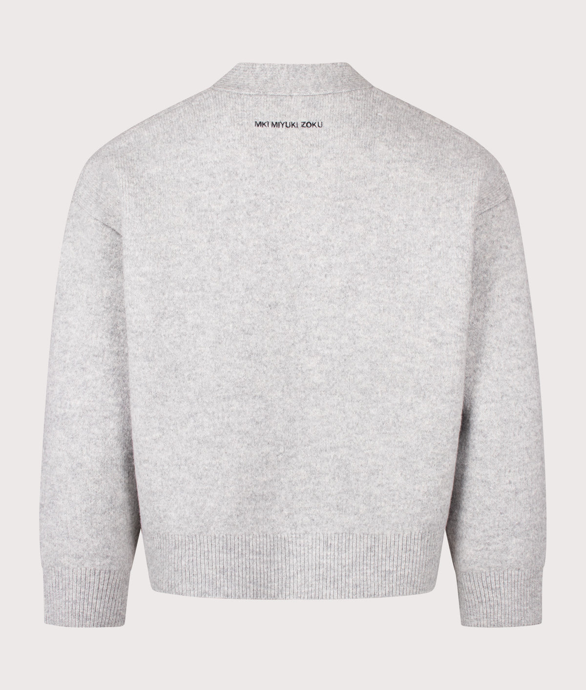 MKI MIYUKI ZOKU Relaxed Box Fit Double Knit Cardigan in Ash at EQVVS Menswear.  Back shot.
