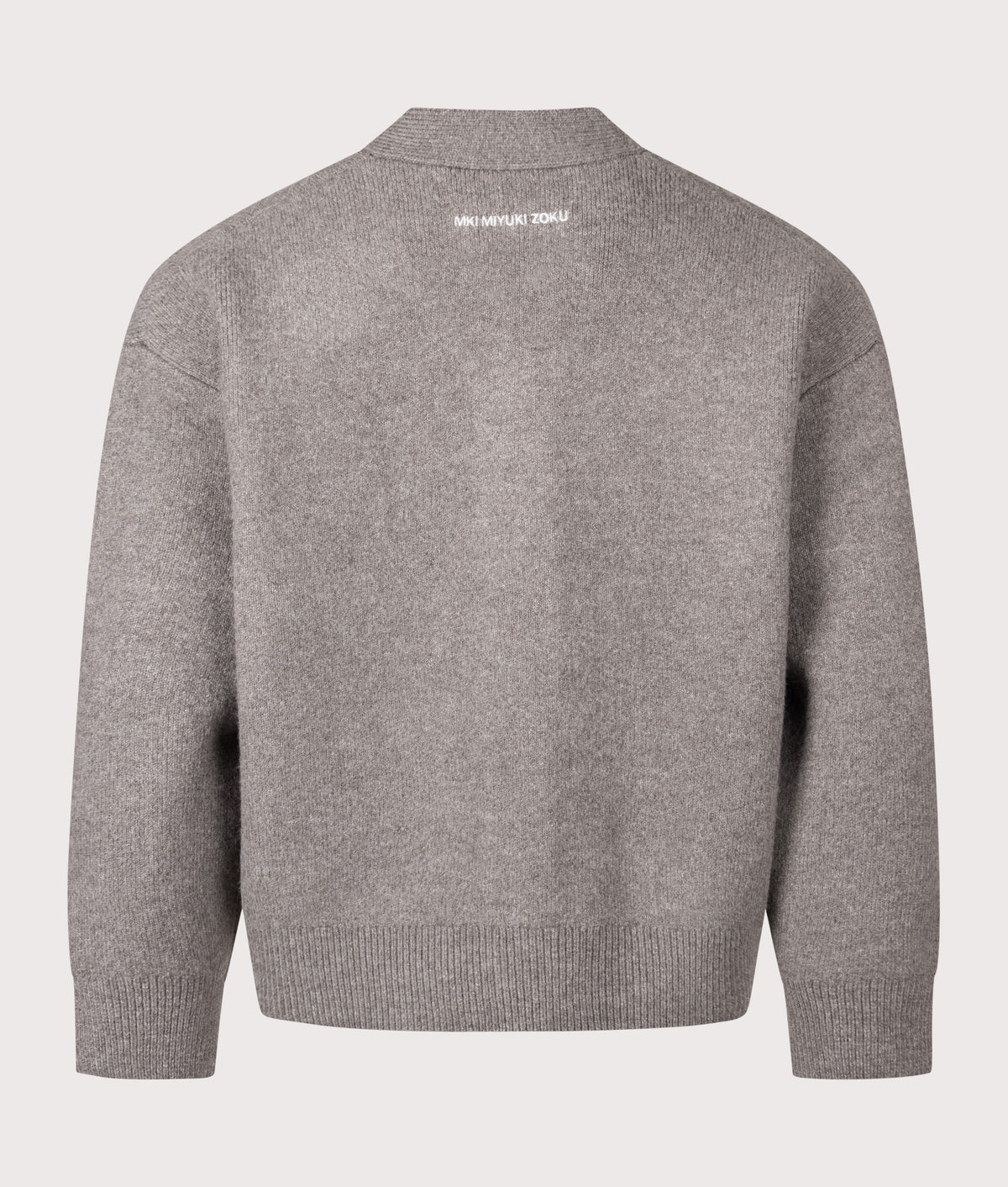 MKI MIYUKI ZOKU Relaxed Box Fit Double Knit Cardigan in Brown at EQVVS Menswear. Back shot.