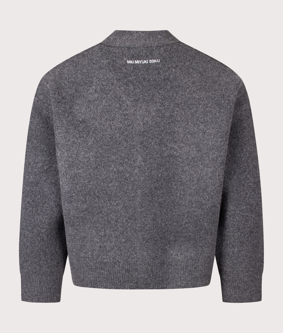 MKI MIYUKI ZOKU Relaxed Box Fit Double Knit Cardigan in Charcoal at EQVVS Menswear. Back shot.