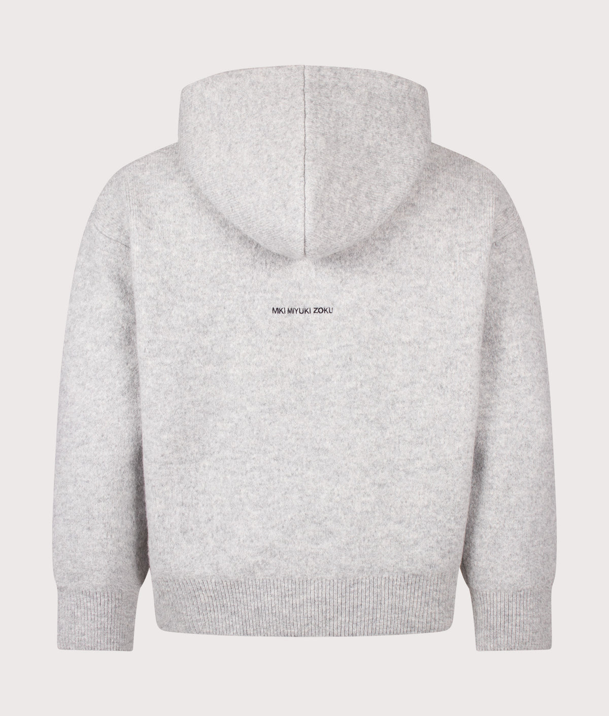MKI MIYUKI ZOKU Relaxed Box Fit Double Knit Hoodie in Ash at EQVVS Menswear. Back shot.