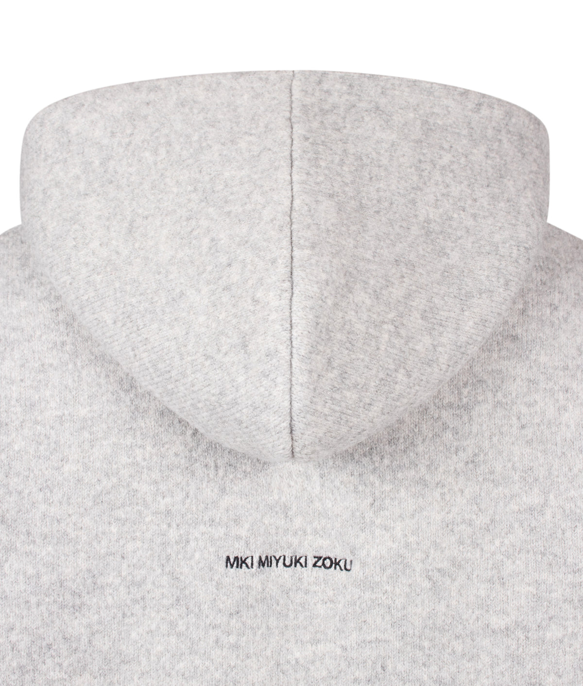 MKI MIYUKI ZOKU Relaxed Box Fit Double Knit Hoodie in Ash at EQVVS Menswear. Detail shot.