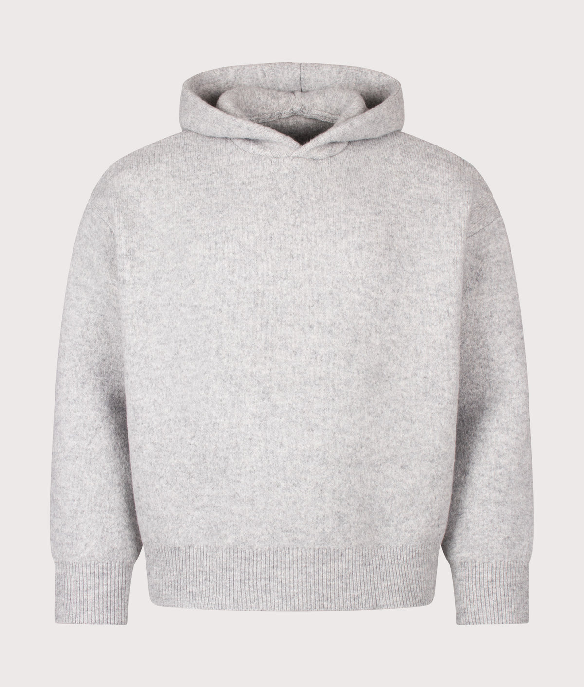 MKI MIYUKI ZOKU Relaxed Box Fit Double Knit Hoodie in Ash at EQVVS Menswear. Front shot.