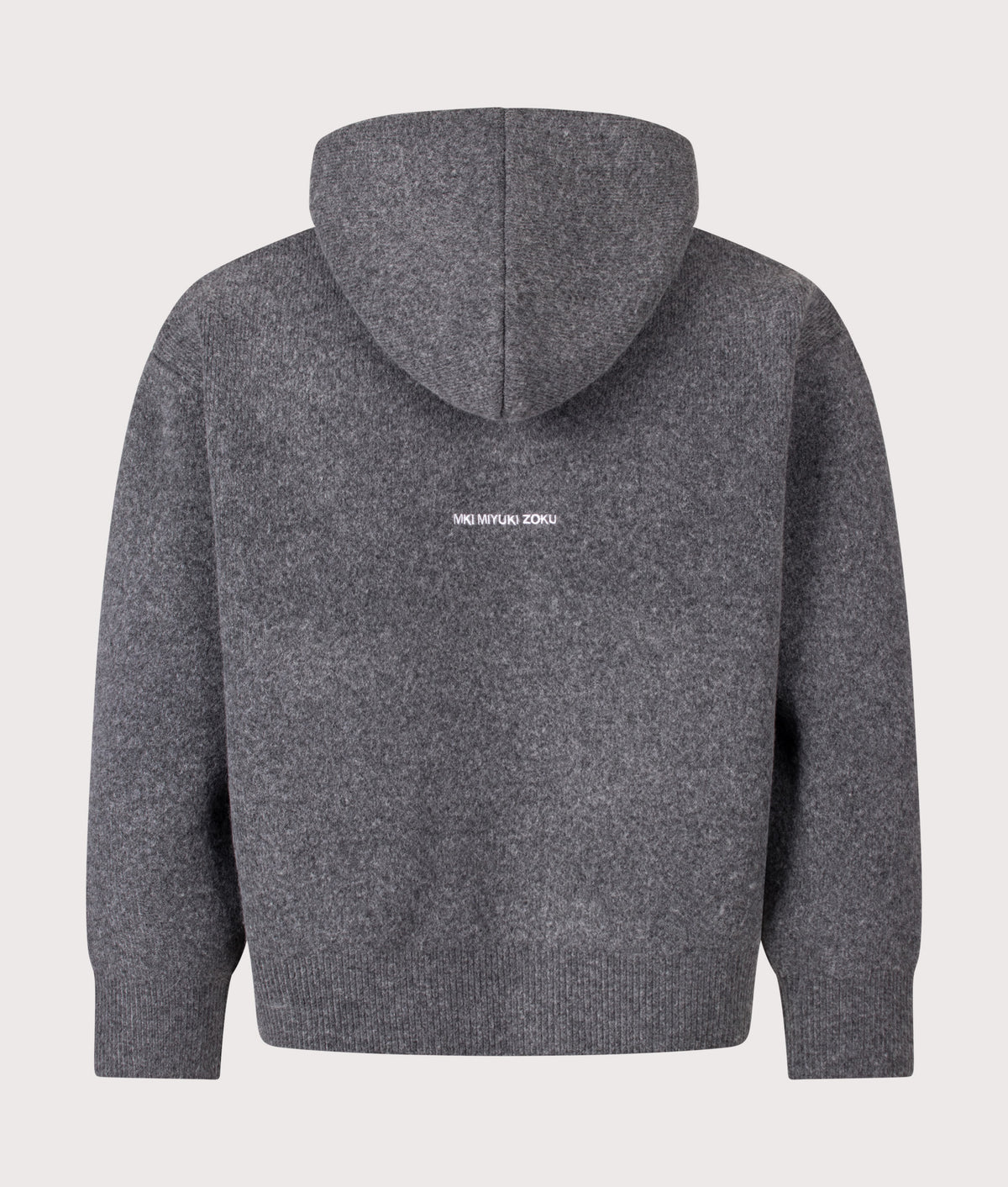 MKI MIYUKI ZOKU Relaxed Box Fit Double Knit Hoodie in Charcoal at EQVVS Menswear. Back shot.