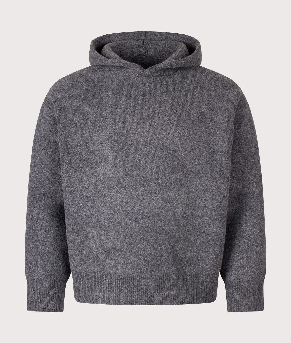 MKI MIYUKI ZOKU Relaxed Box Fit Double Knit Hoodie in Charcoal at EQVVS Menswear. Front shot.