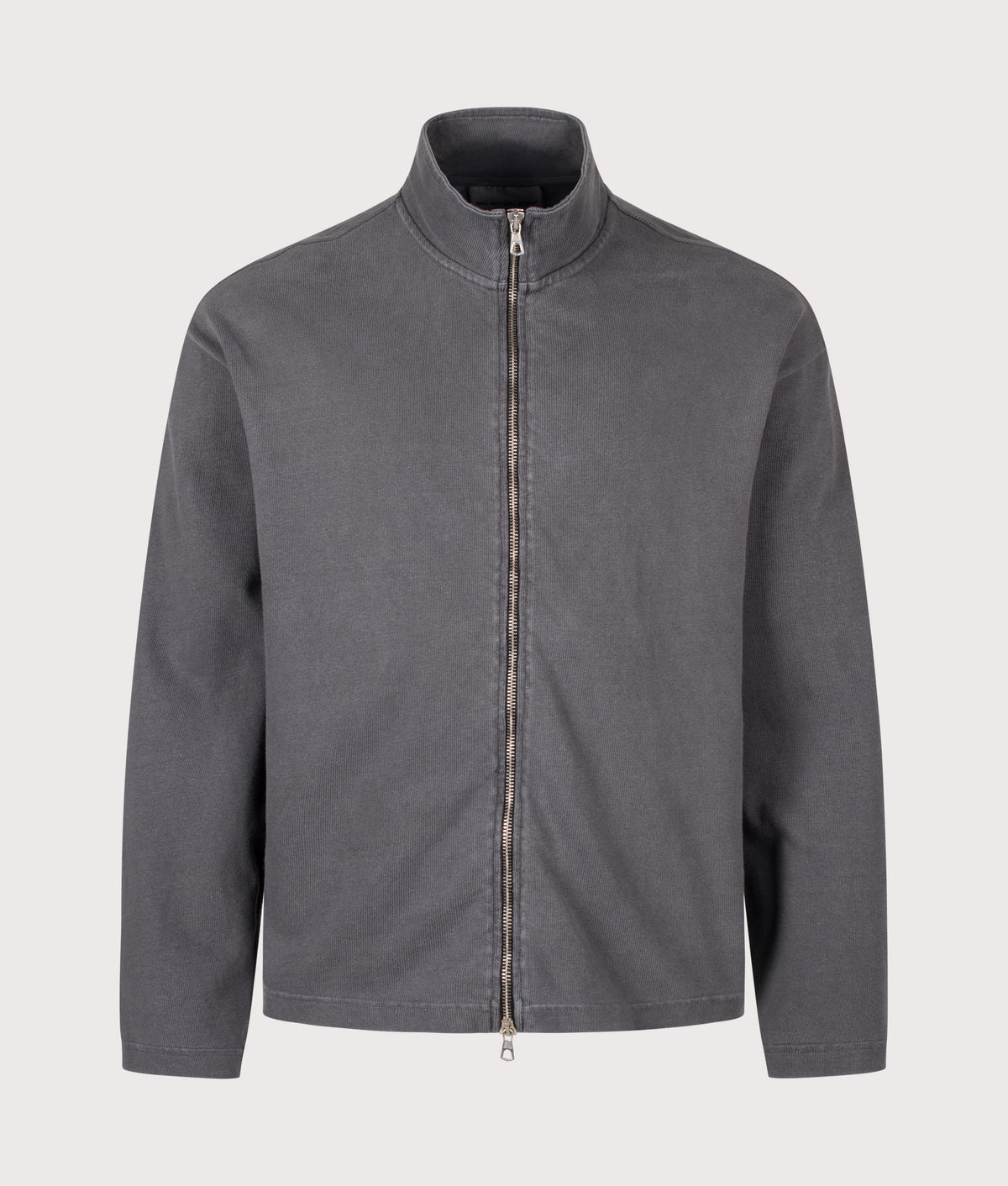 MKI MIYUKI ZOKU Relaxed Fit 400 GSM Pigment Dyed Track Jacket in Pigment Black at EQVVS Menswear. Front shot.