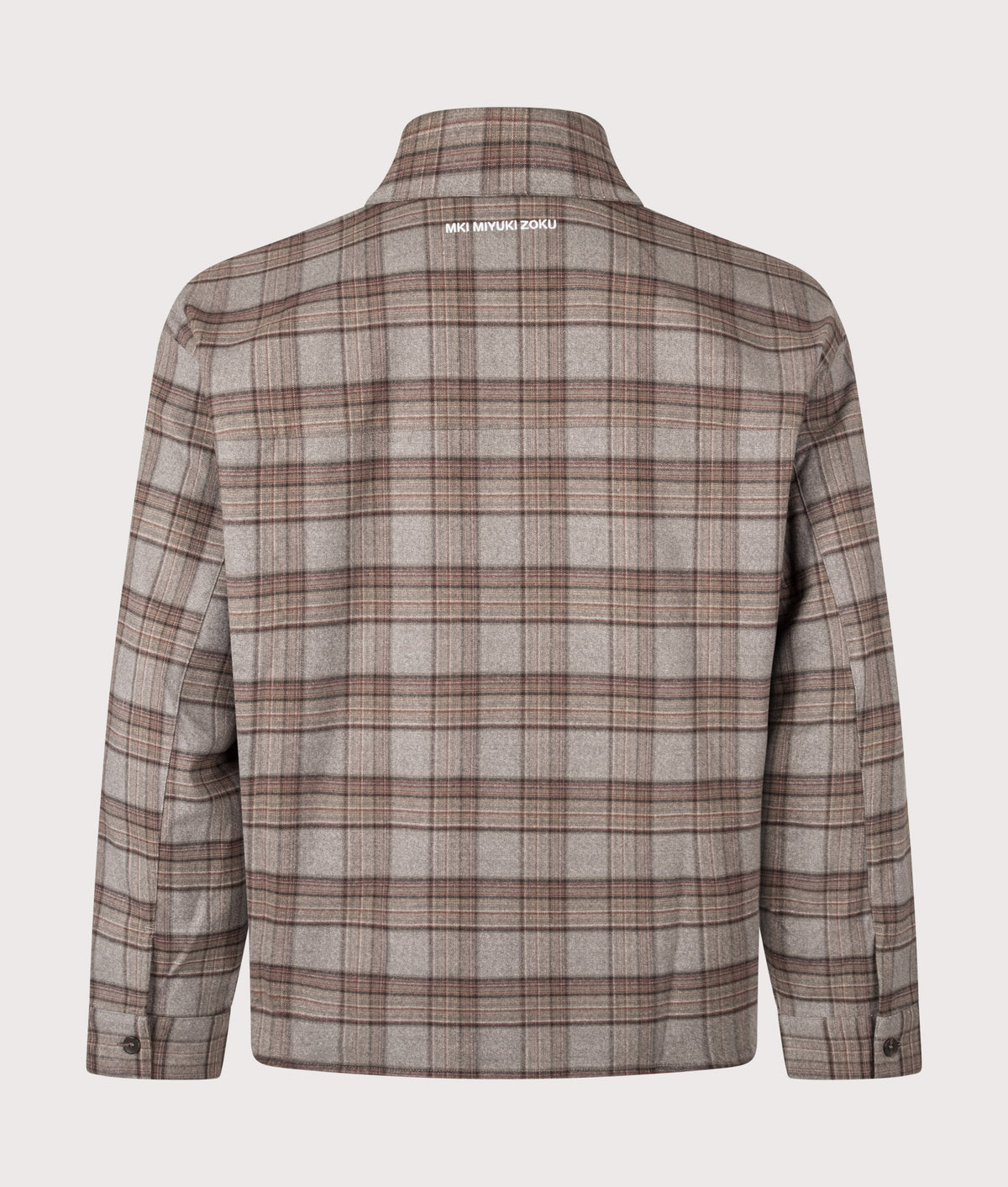 MKI MIYUKI ZOKU Relaxed Box Fit Dress Shirt in Brown check at EQVVS Menswear. Back shot.