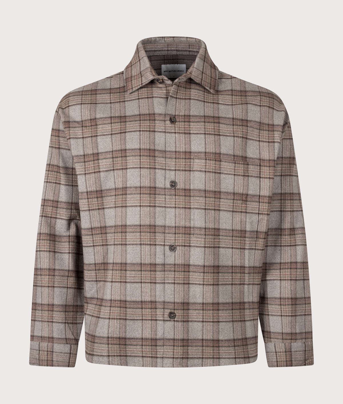 MKI MIYUKI ZOKU Relaxed Box Fit Dress Shirt in Brown check at EQVVS Menswear. Front shot.
