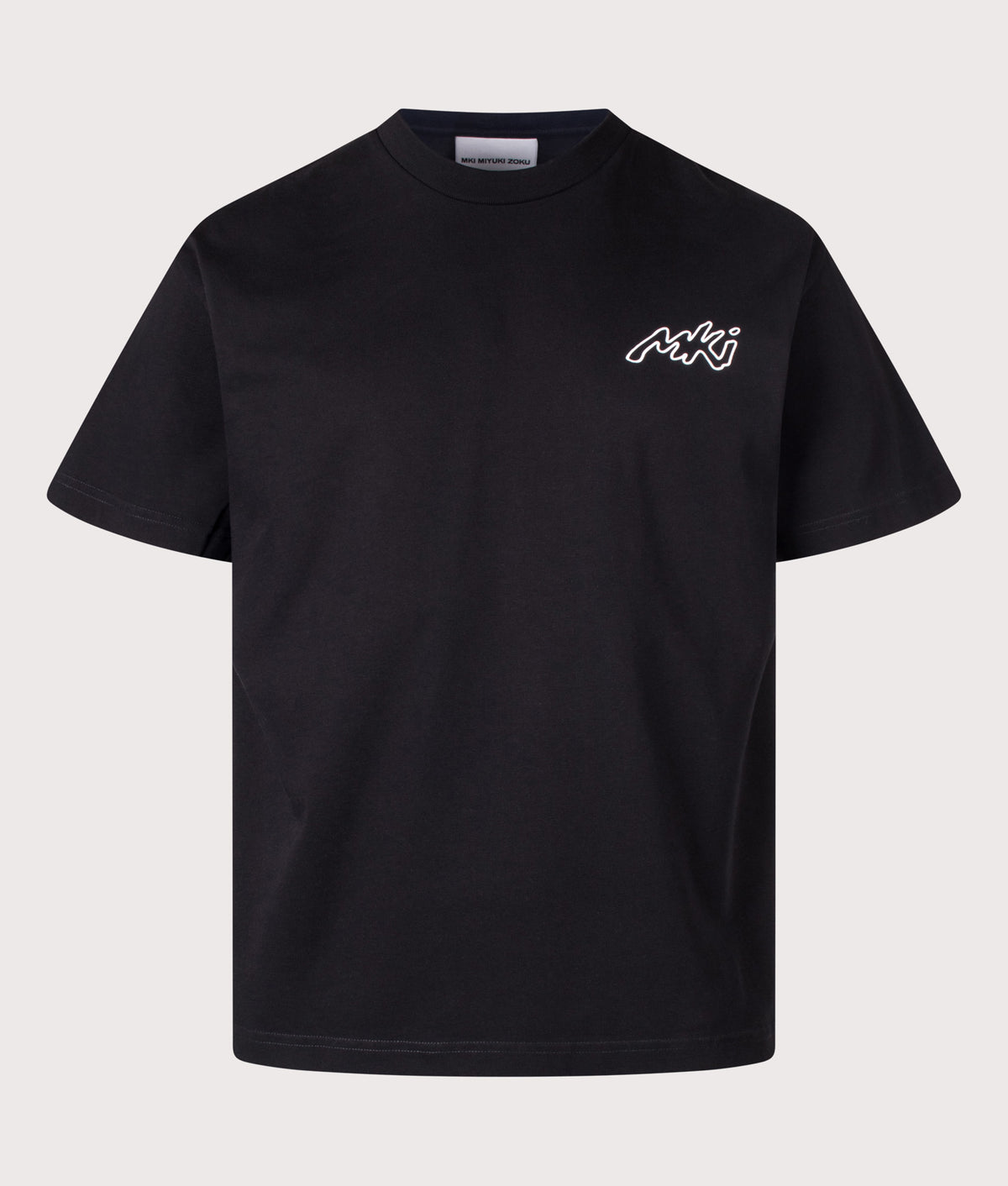 MKI MIYUKI ZOKU Oversized Box Fit Ink Line T-Shirt in Black at EQVVS Menswear. Front shot.