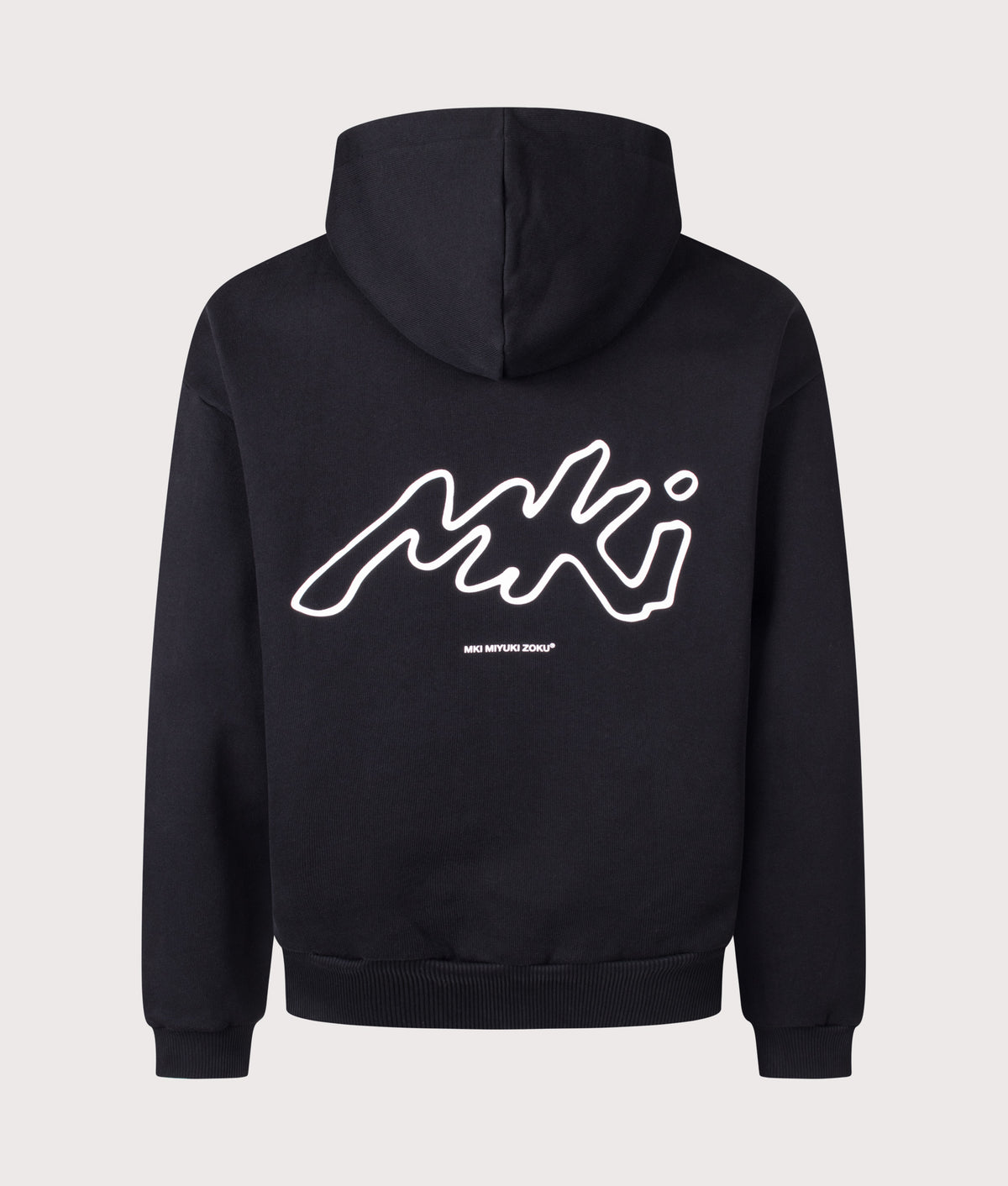 MKI MIYUKI ZOKU Oversized Box Fit Ink Line Hoodie in Black at EQVVS Menswear. Back shot.