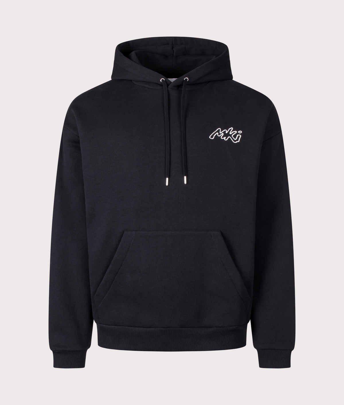 MKI MIYUKI ZOKU Oversized Box Fit Ink Line Hoodie in Black at EQVVS Menswear. Front shot.