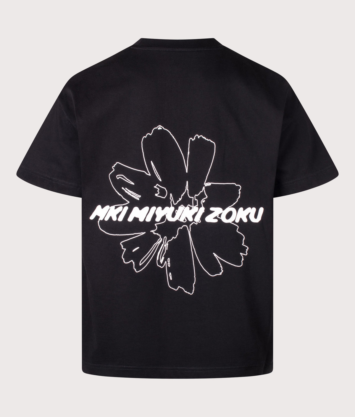 MKI MIYUKI ZOKU Oversized Box Fit Wildflower T-Shirt in Black at EQVVS Menswear. Back shot.
