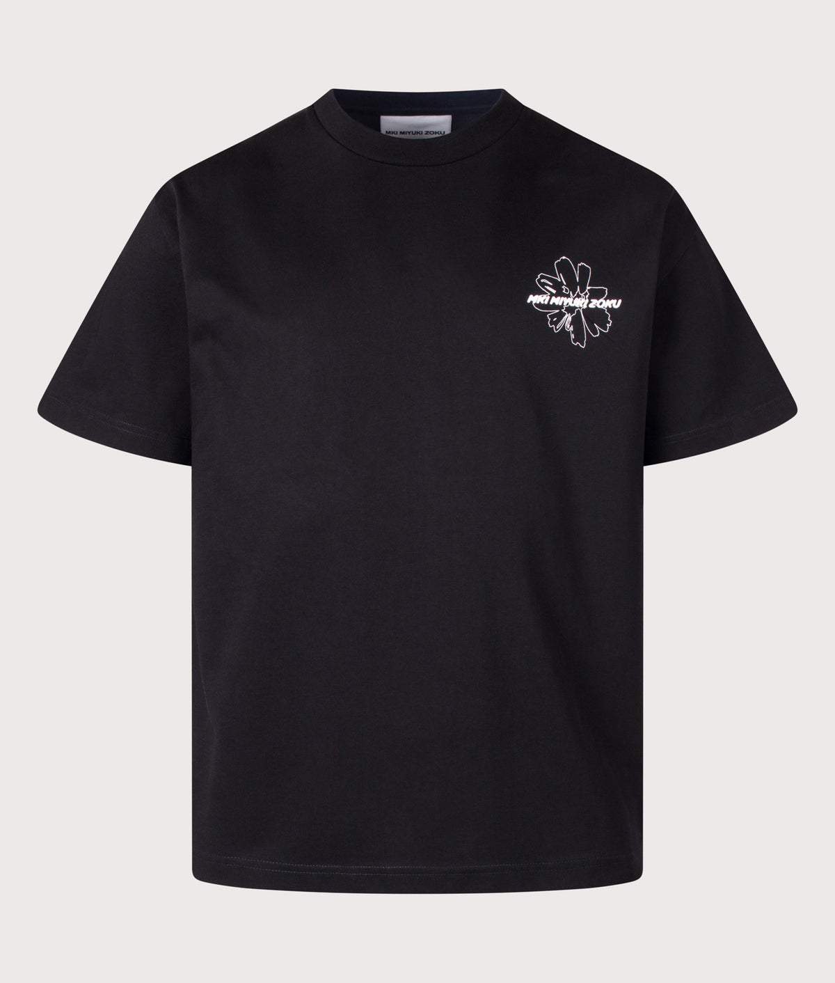MKI MIYUKI ZOKU Oversized Box Fit Wildflower T-Shirt in Black at EQVVS Menswear. Front shot.