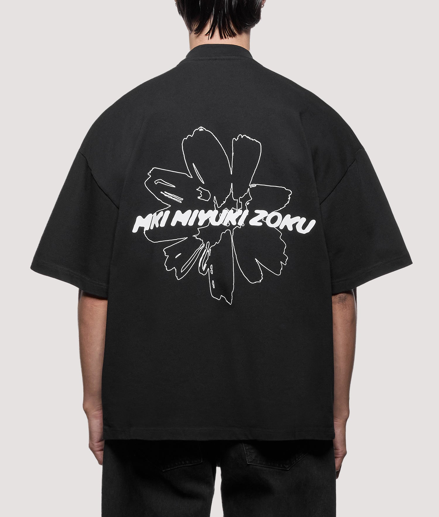 Oversized Box Fit Wildflower T-Shirt in Black | MKI MIYUKI ZOKU