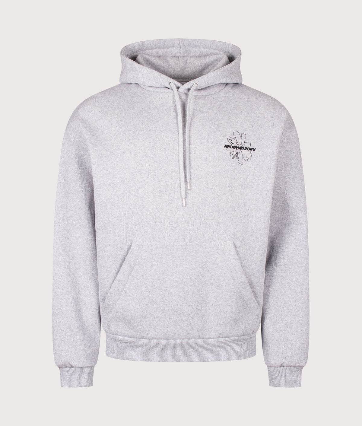 MKI MIYUKI ZOKU Oversized Box Fit Wildflower Hoodie in Grey at EQVVS Menswear. Front shot.