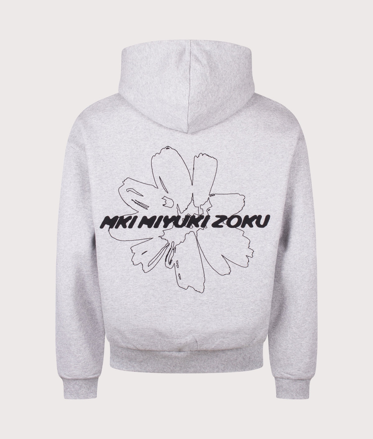 MKI MIYUKI ZOKU Oversized Box Fit Wildflower Hoodie in Grey at EQVVS Menswear. Back shot.