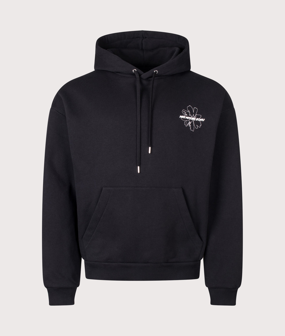 MKI MIYUKI ZOKU Oversized Box Fit Wildflower Hoodie in Black at EQVVS Menswear. Front shot.