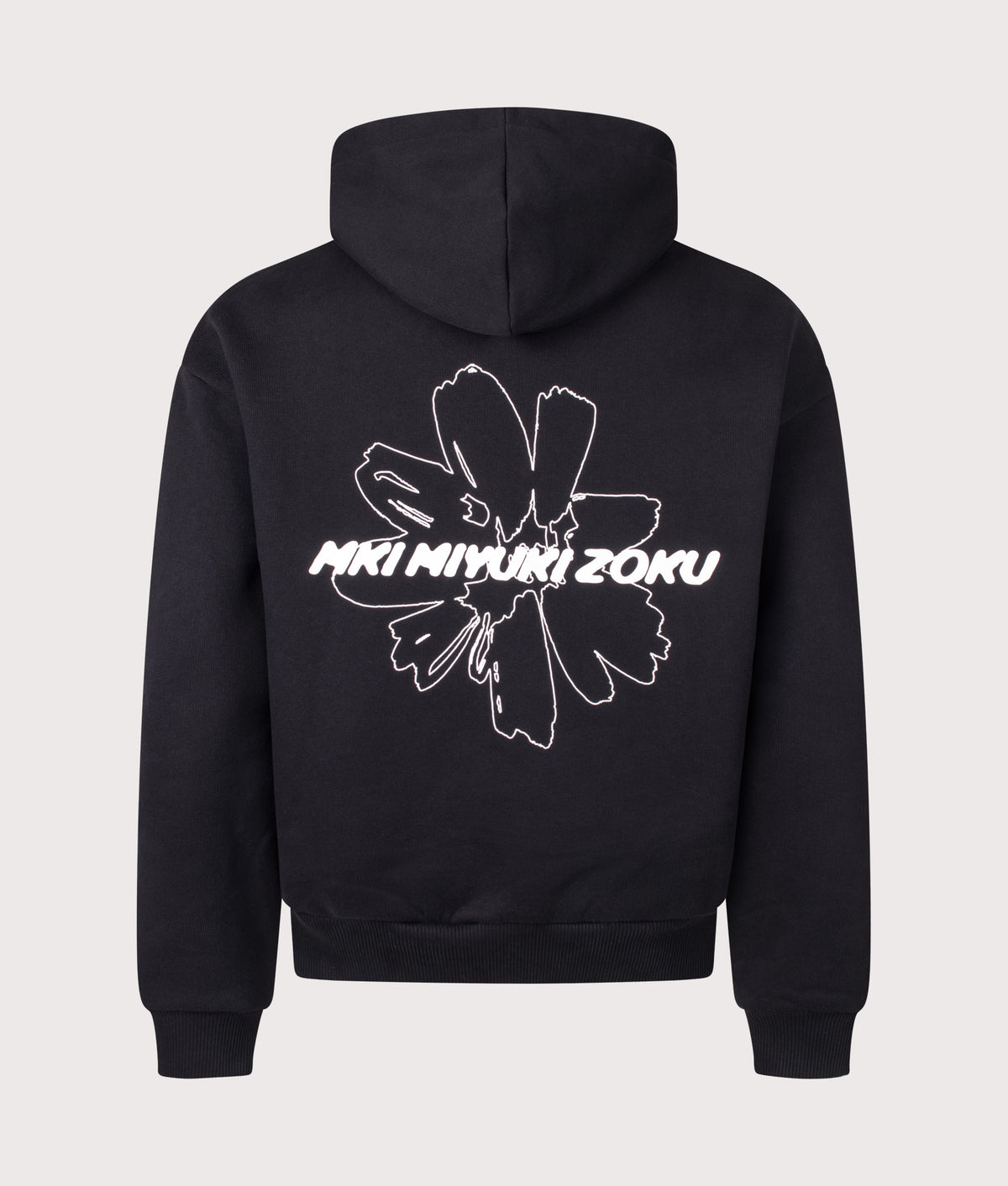 MKI MIYUKI ZOKU Oversized Box Fit Wildflower Hoodie in Black at EQVVS Menswear. Back shot.